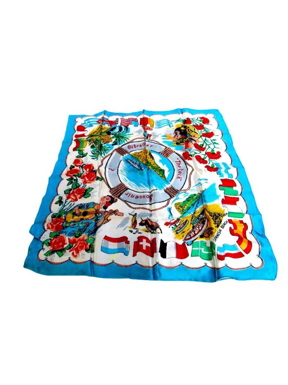 VTG Souvenir Scarf Gibraltar Landmarks The Rock Spanish Beach Flowers Flags Blue